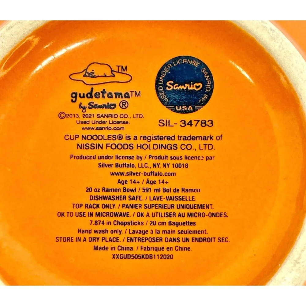 Sanrio Gudetama Japanese Top Ramen 20 oz Noodle/Rice Bowl w/ Silver Chopsticks